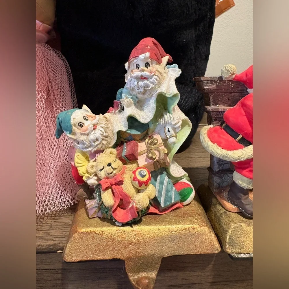 Set of 2 Vintage Heavy Cast Iron Christmas Stocking Mantel Hook Holders Santa